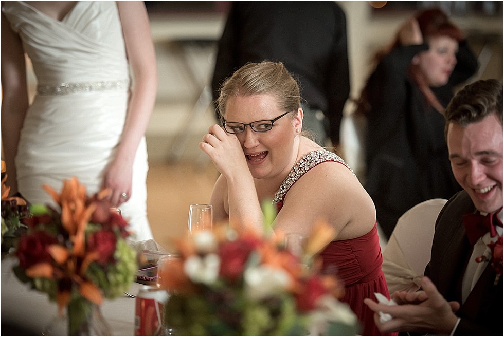 bridesmaid laughing at toast at Livestock Exchange