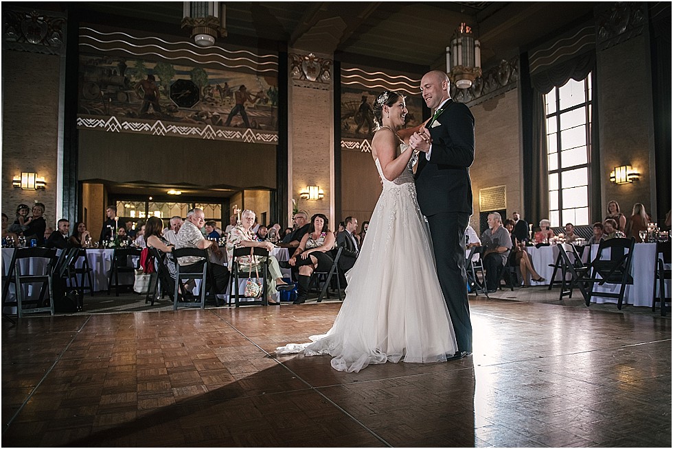 bride and groom first dance at Durham Museum